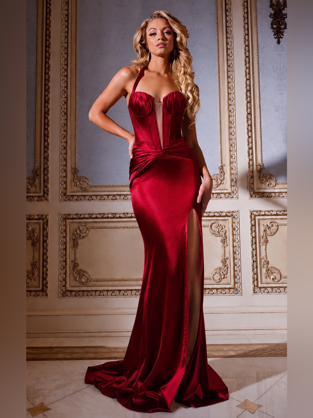Jovani Red Satin Corset Slit Gown NWT Red Carpet Pageant Glam
